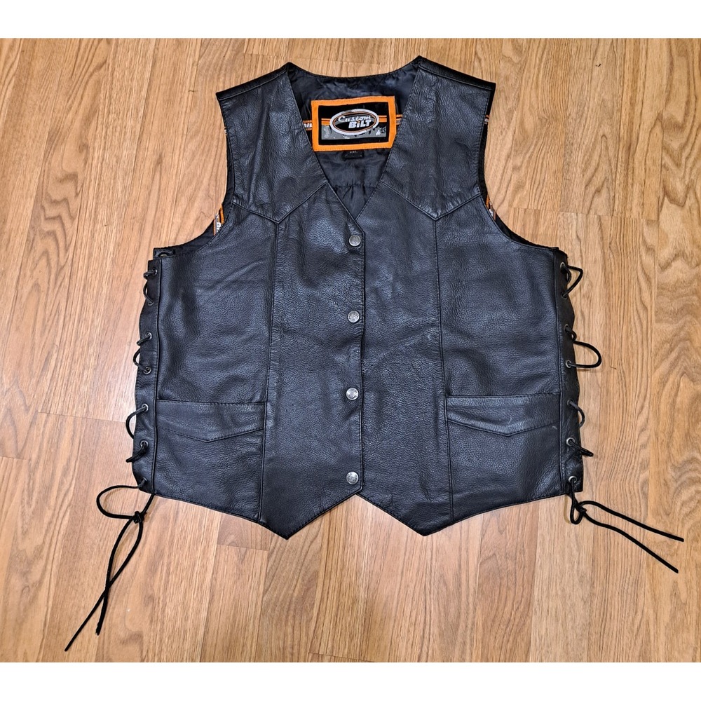 Custom Bilt Vest XL Black Button Down 100% Leather Biker Tie Sides W/Back Patch